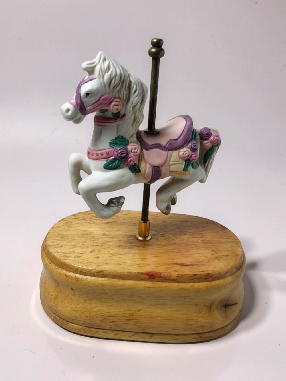 Vintage Carousel Horse Music Box Featuring a White Porcelain Horse Decorated  Pi